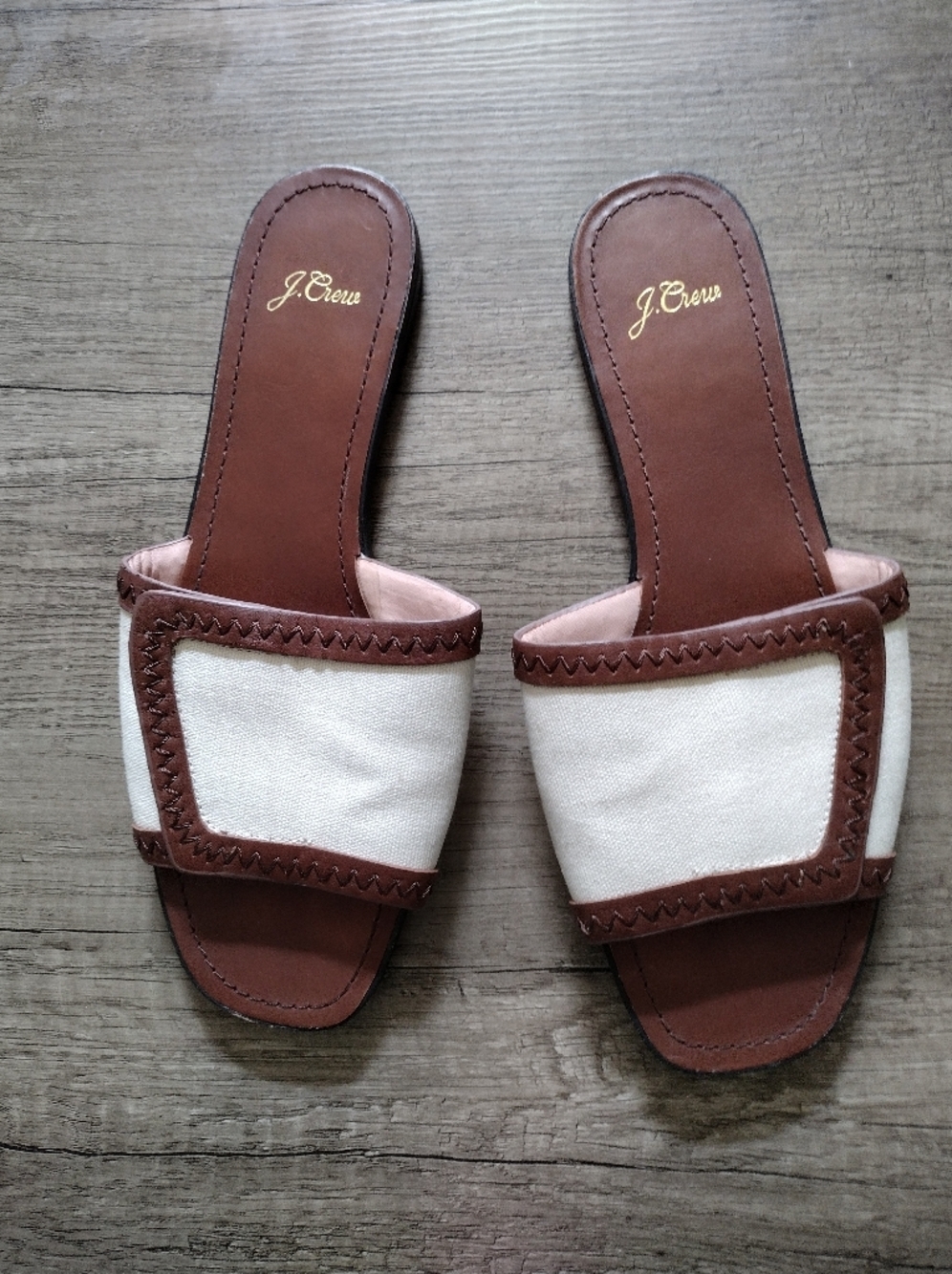 J Crew Women's Sandal Size 10.5 Framed Slide White Canvas Brown Leather Casual